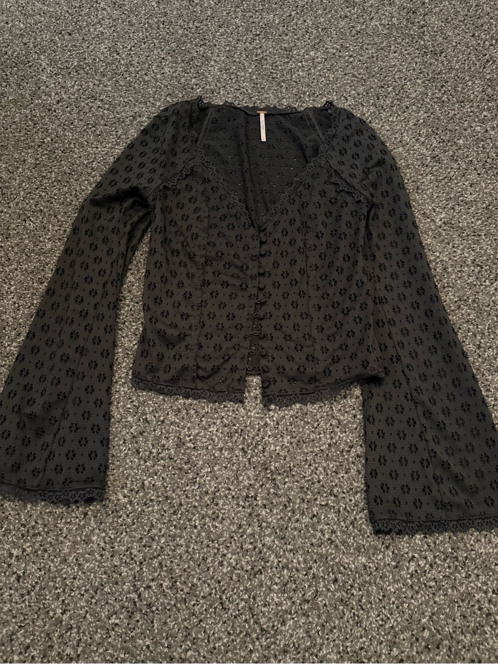 Free People Black Eyelet Button-Front Long Sleeve Blouse